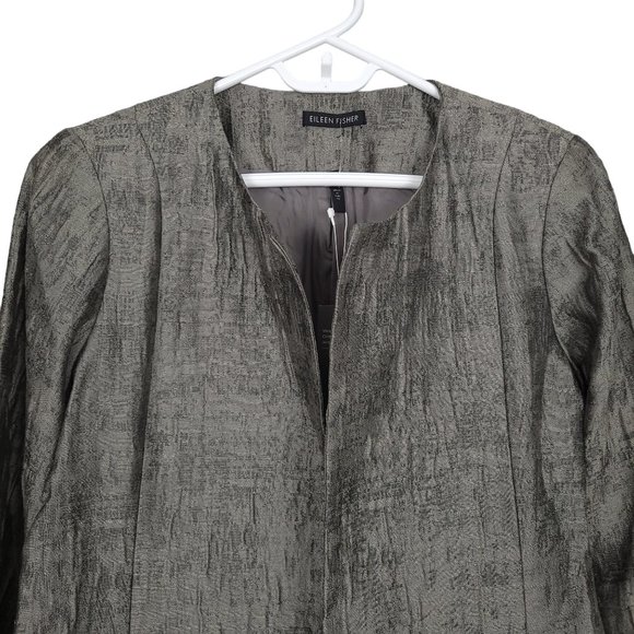 NWT EILEEN FISHER Jacket XS Gray Crinkle Jacquard Cotton Silk Open Front Pockets - Picture 7 of 13